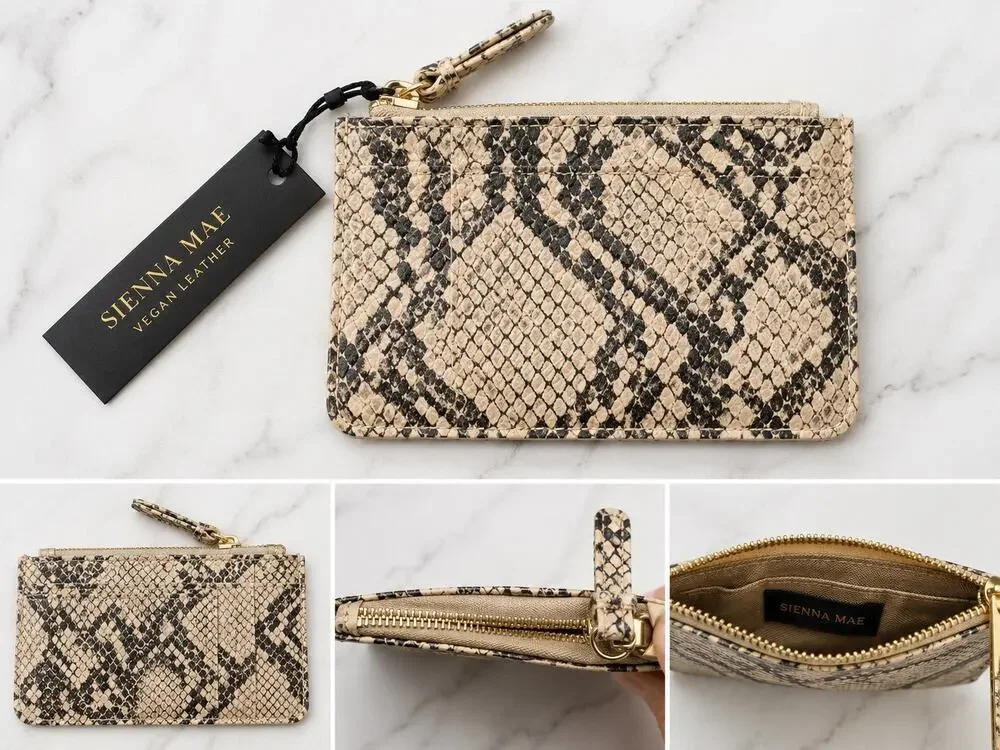 SIENNA MAE Lennon Vegan Leather Card Wallet | Snakeskin Print Zip Coin Purse NWT